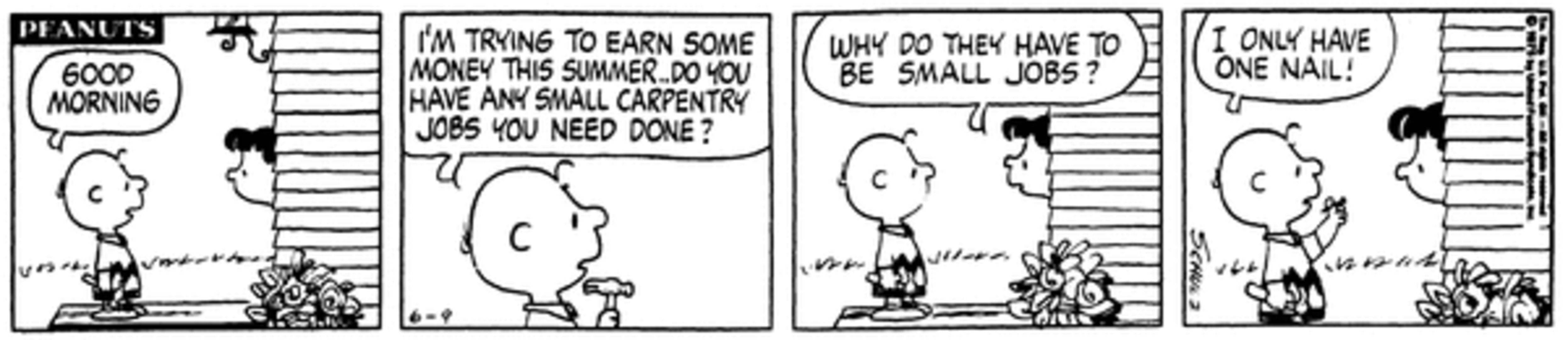 Peanuts Summer, Charlie Brown em uma casa perguntando se eles precisam de um pequeno trabalho de carpintaria.