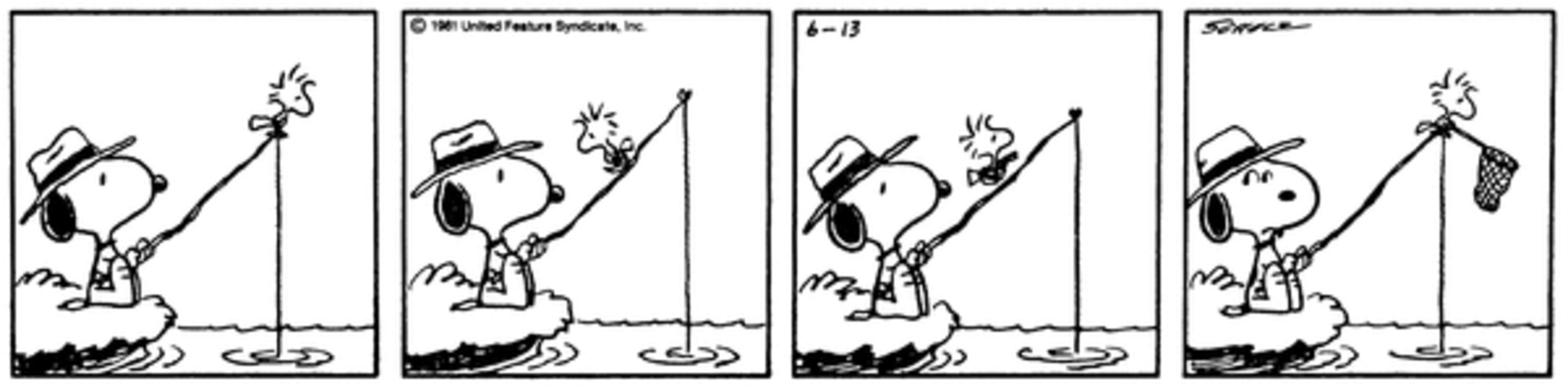 Peanuts Summer, Snoopy pescando com Woodstock no topo com uma rede.