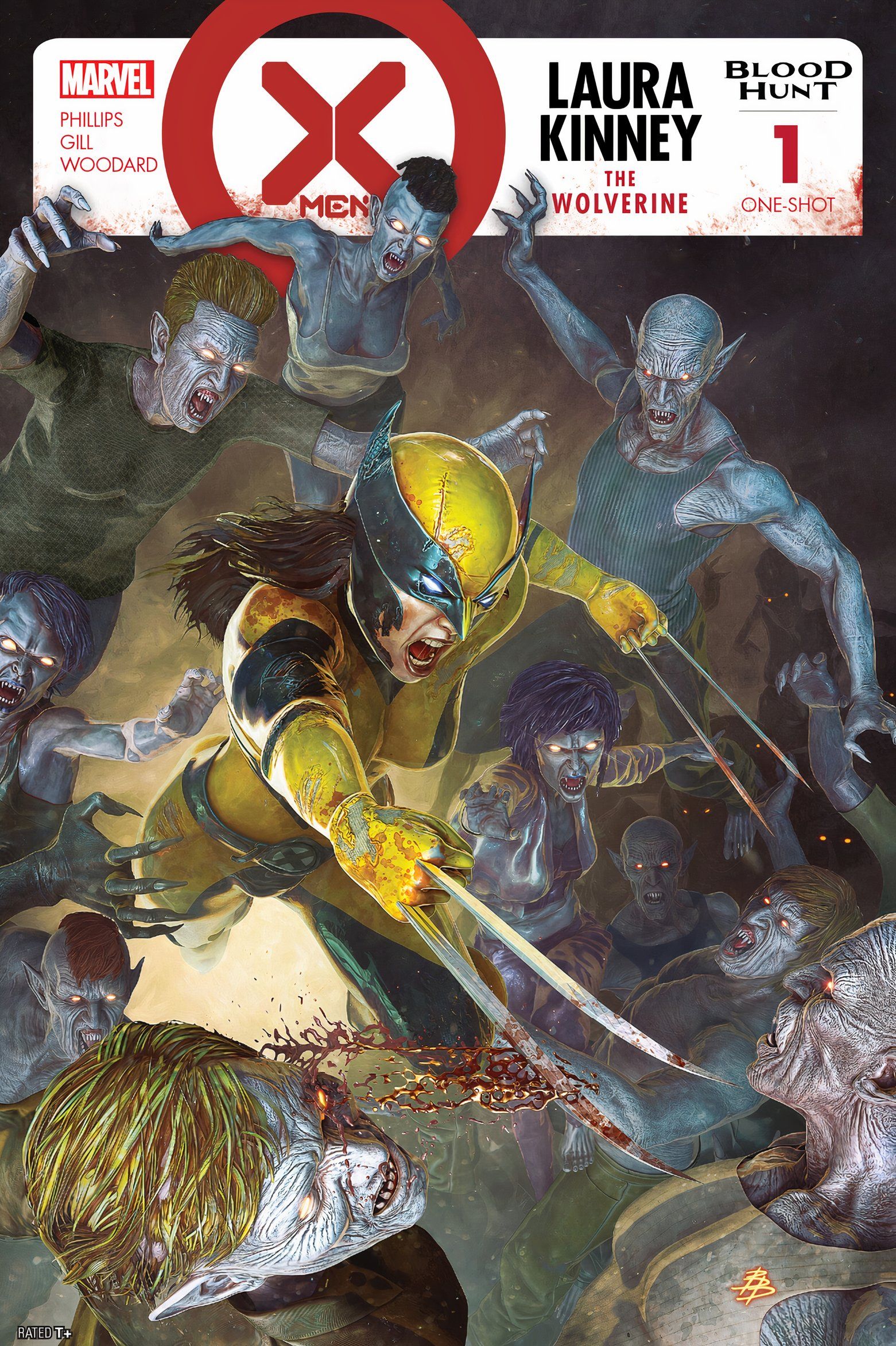 Blood Hunt: Laura Kinney, a capa do Wolverine # 1, em sua fantasia de Wolverine, Laura luta contra vampiros