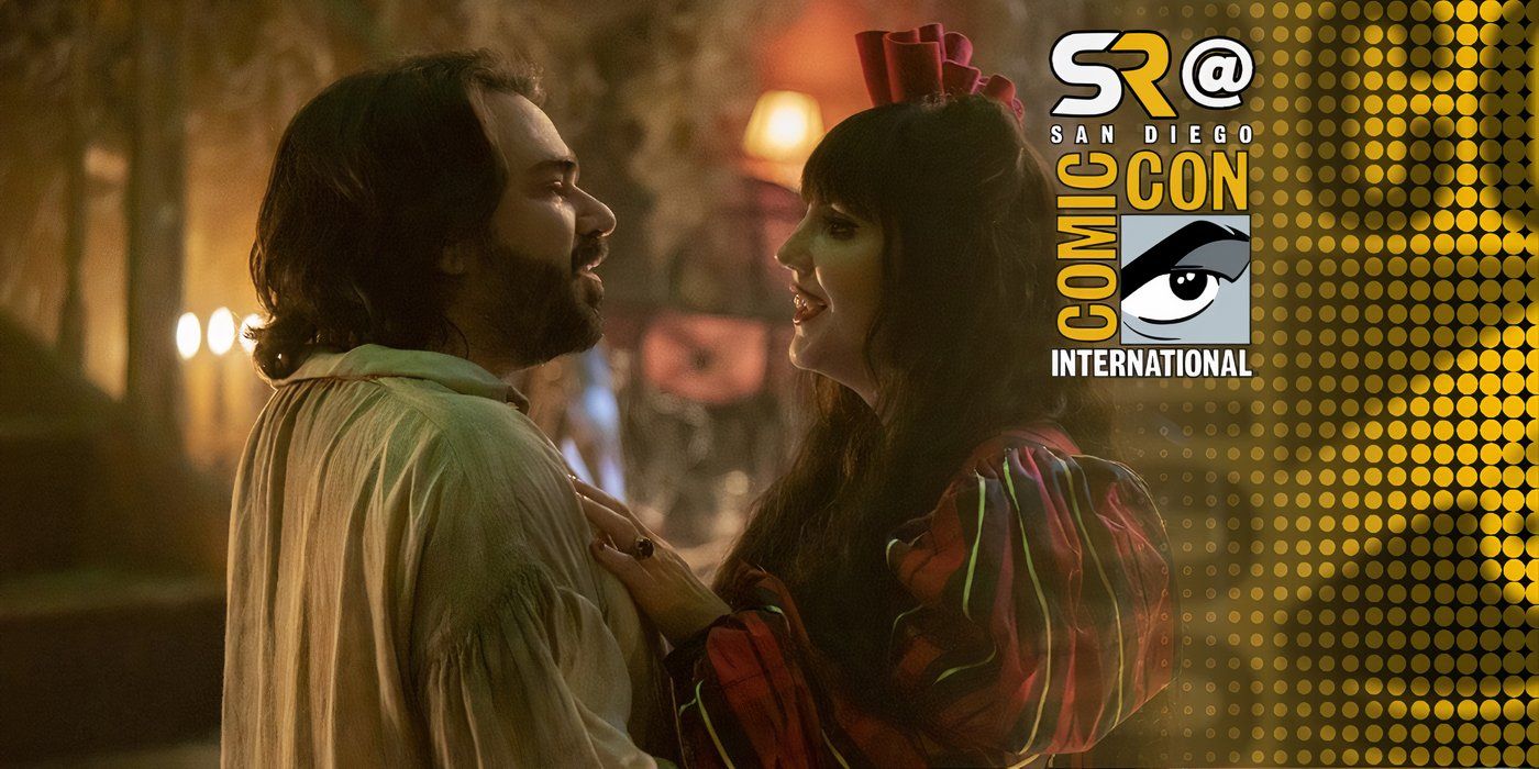 Lazslo and Nadja holding each other close in What We do in the shadows with SDCC overlay
