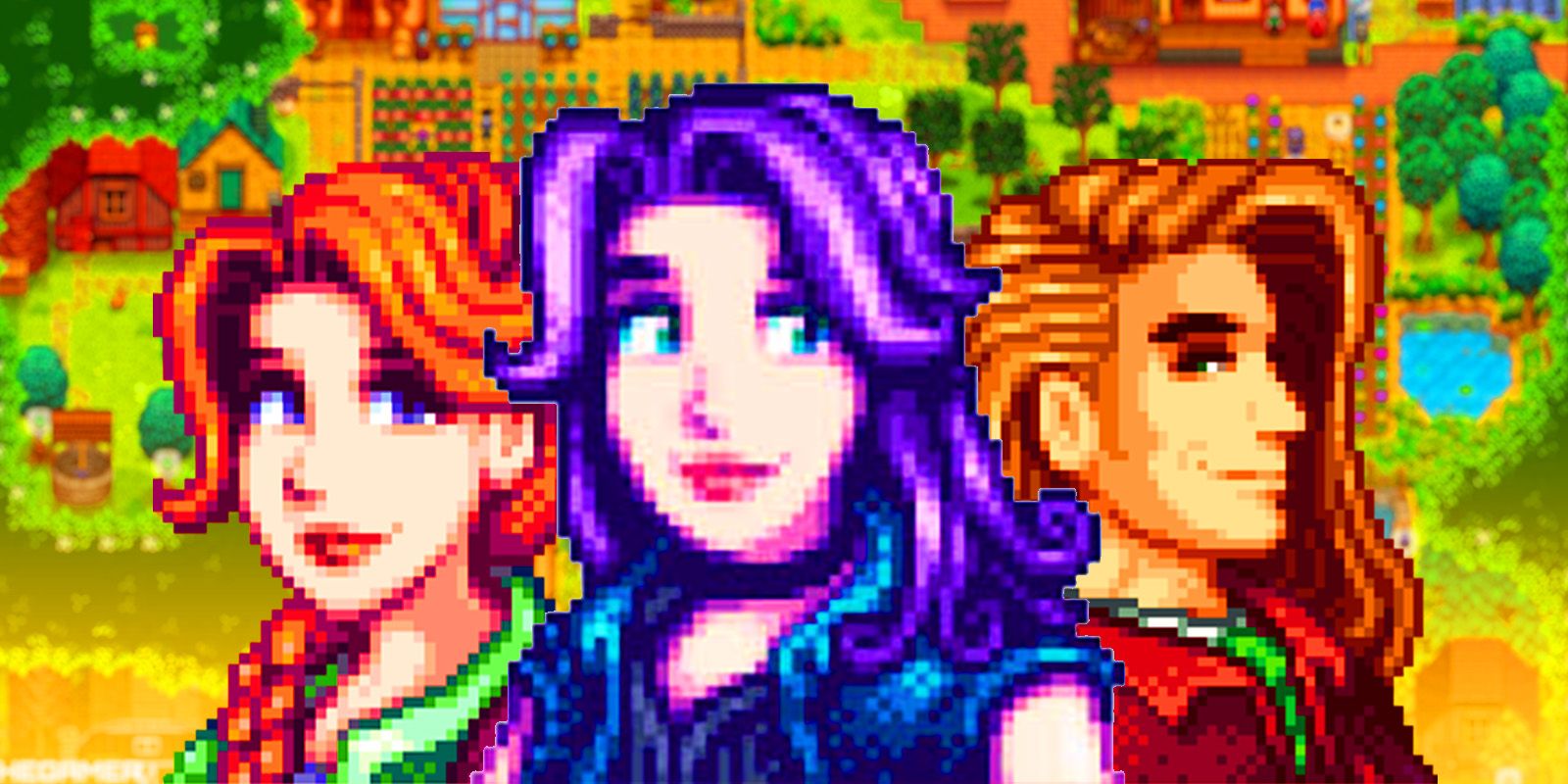 Retratos de Leah, Elliot y Abigail de Stardew Valley con la granja.