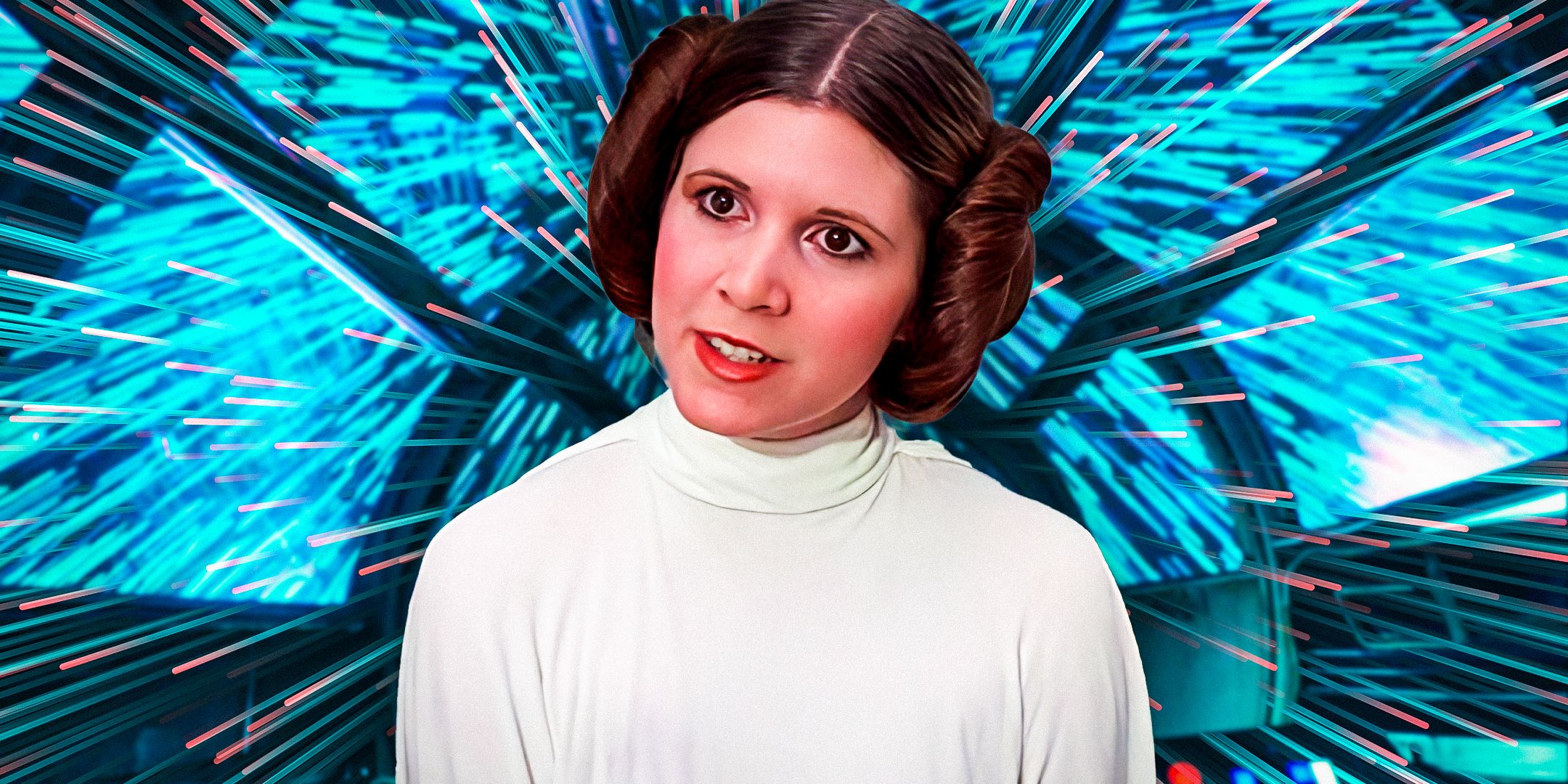 Princess Leia from A New Hope looking serious in front of an image of hyperspace