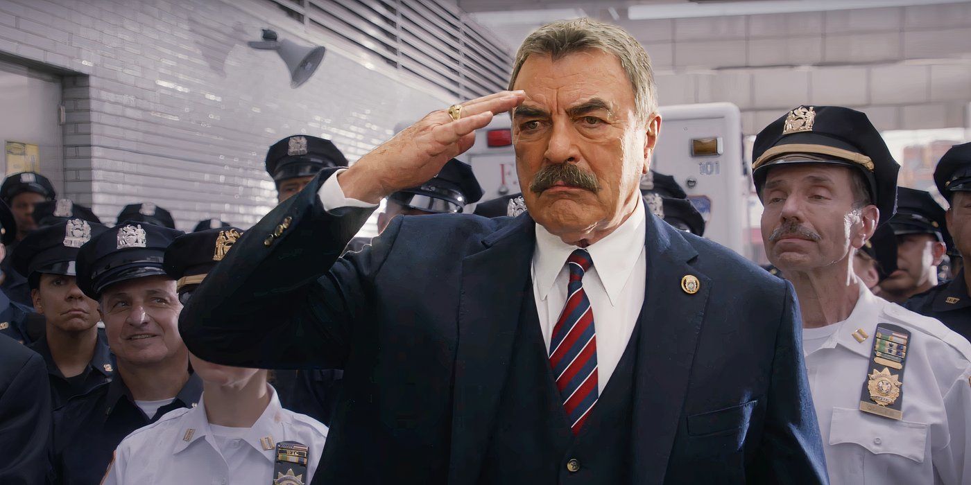 Tom Selleck as Henry Reagan in Blue Bloods as he salutes in front of a crowd of police officers custom image