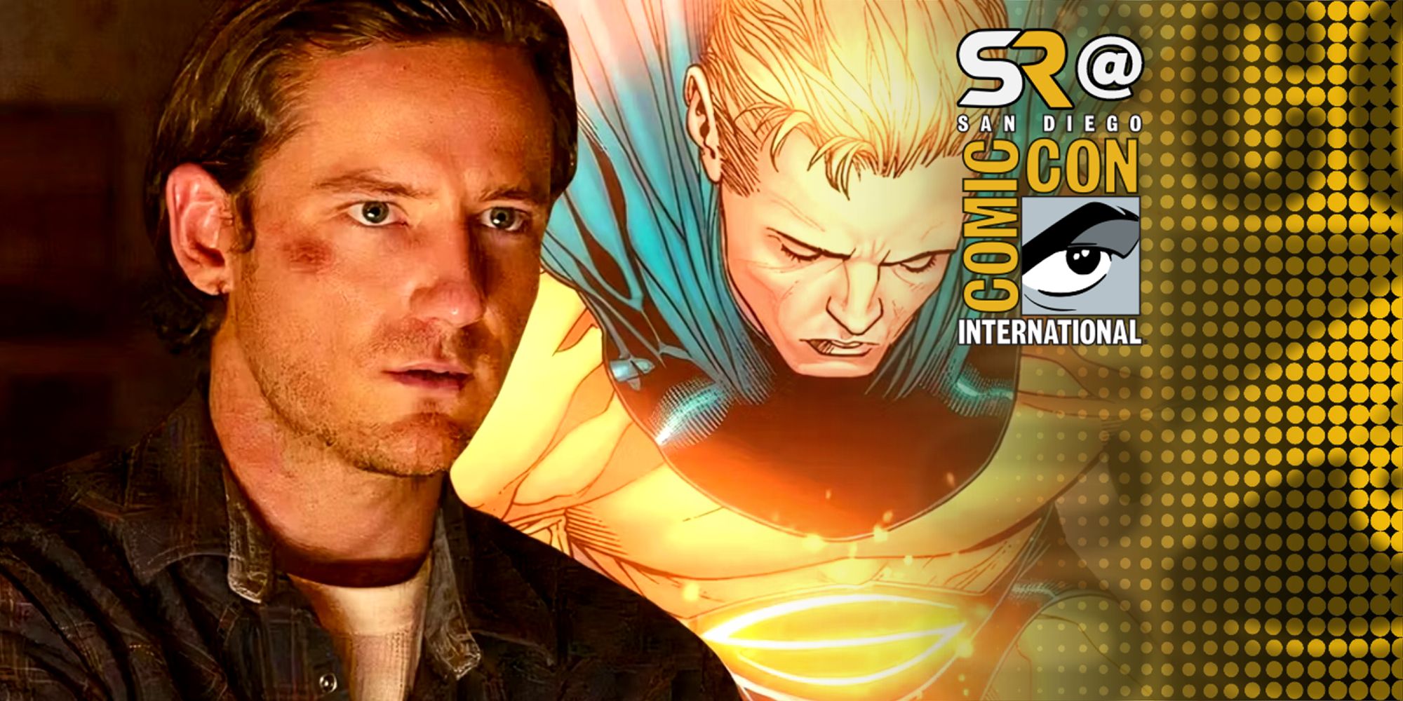 Lewis Pullman next to Sentry in Marvel Comics with the San Diego Comic Con Logo