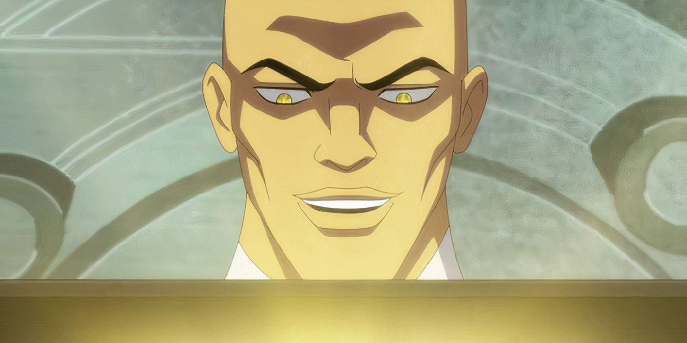 Lex Luthor com olhos brilhantes enquanto olha para a equação anti-vida em Kite Man Hell Yeah