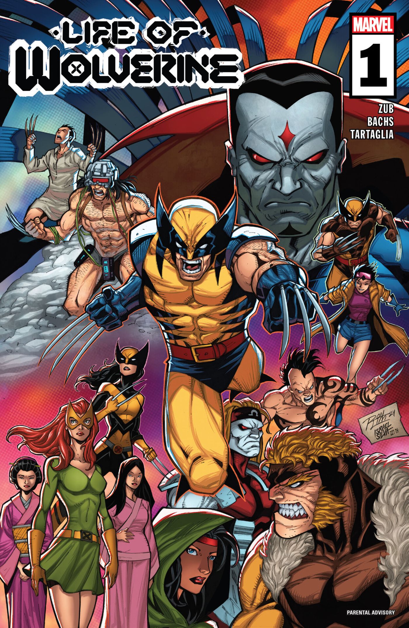 Wolverine con garras dibujadas.  El trasfondo incluye a los X-Men, Sinister, Sabretooth y otros del pasado de Logan. 