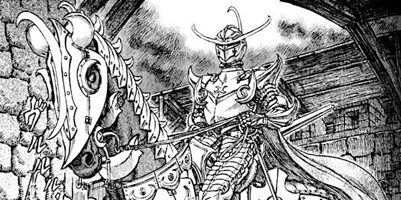 Locus in human form atop a steed in Berserk
