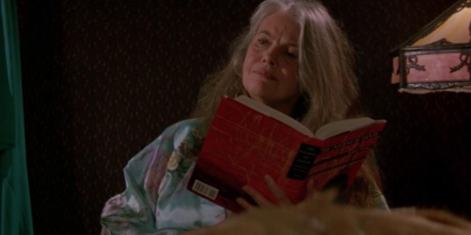 Lois Smith plays Aunt Meg in Twister, sitting and reading a book 