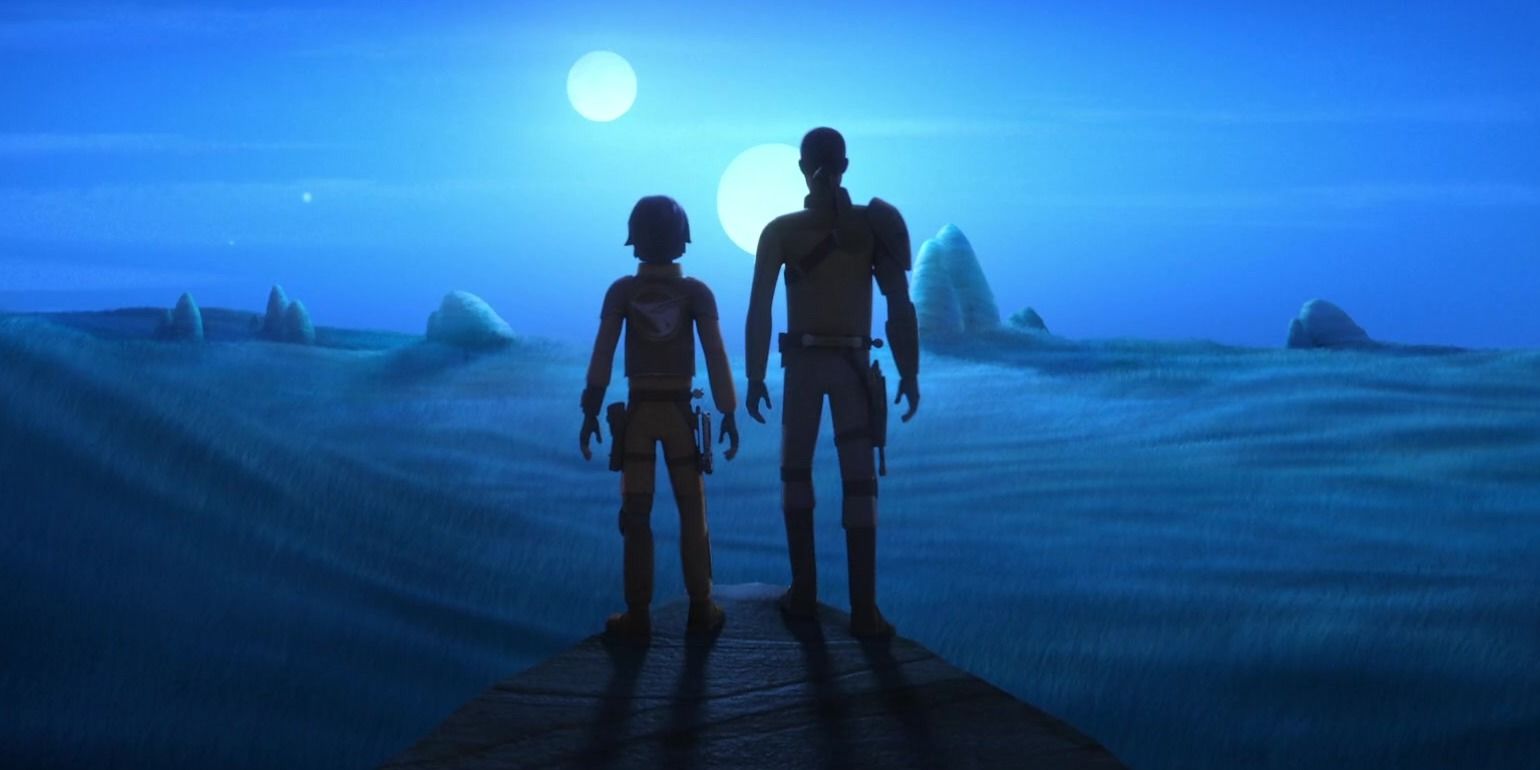 Kanan and Ezra stand looking out at the twin moons of Lothal in Star Wars Rebels