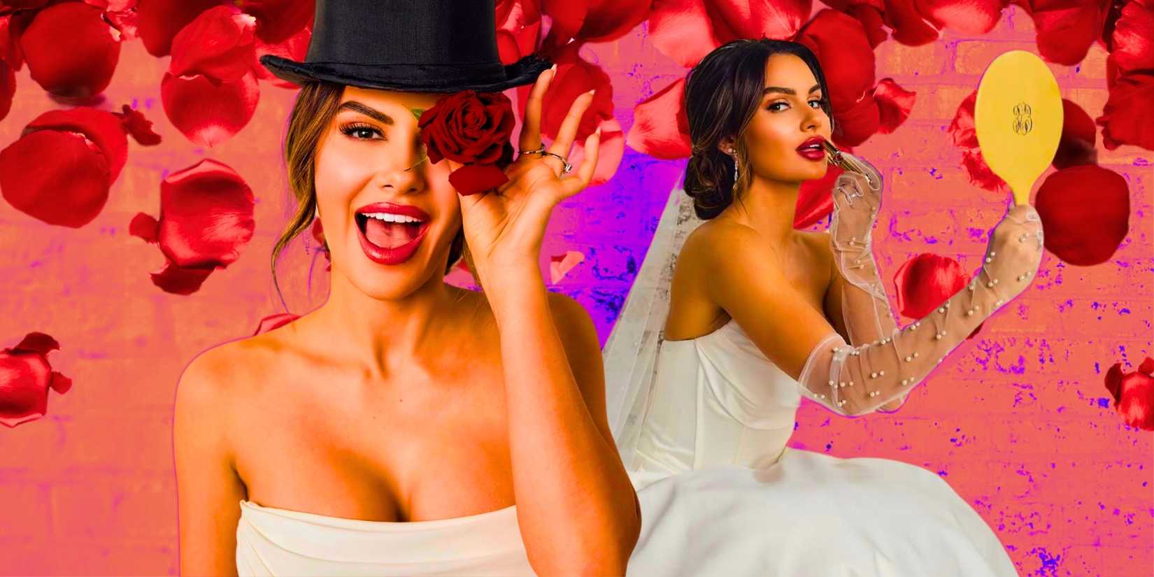 Love Is Blind & Perfect Match Jessica Vestal in side by side promo images with rose petals falling