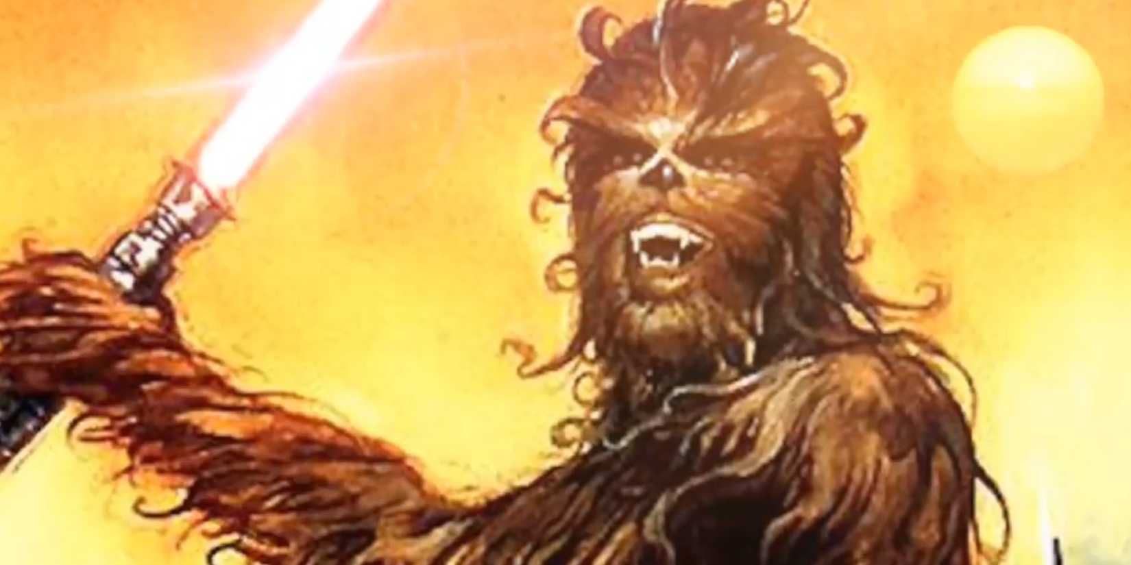Lowbacca holding a bronze-bladed lightsaber in Star Wars Legends