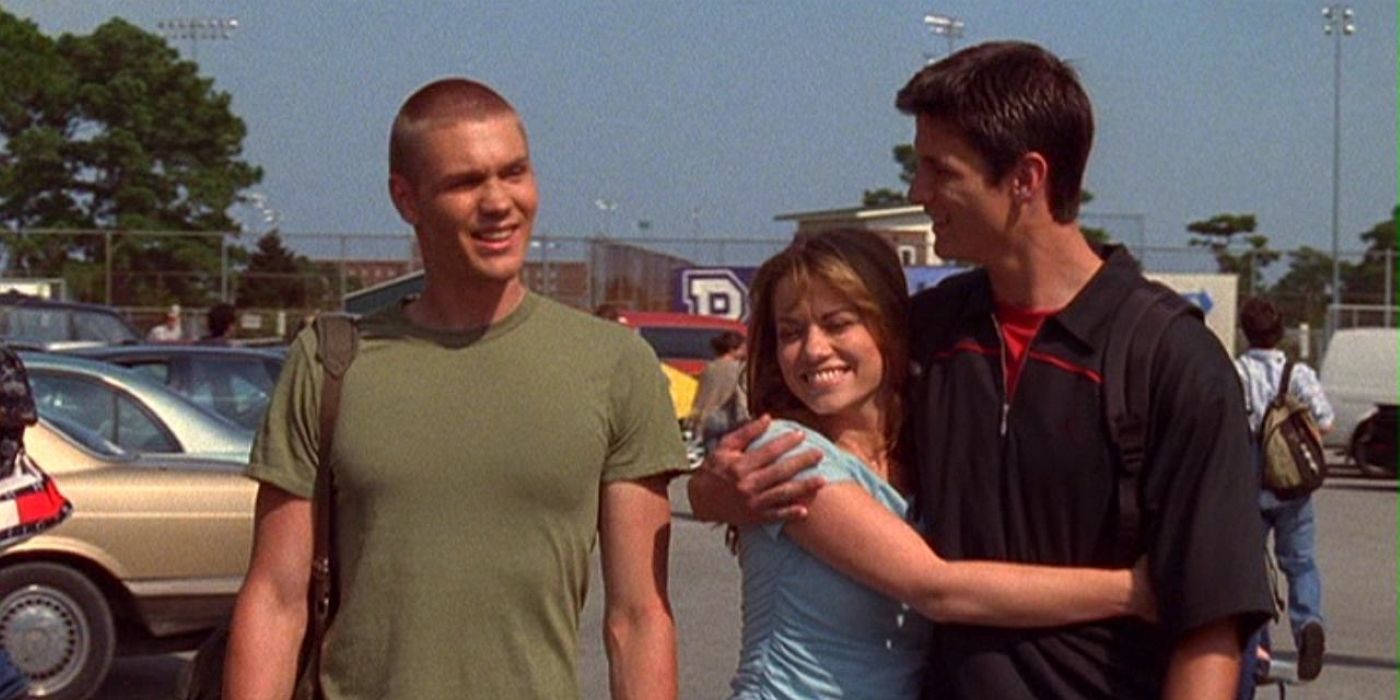 Lucas Standing Next To Haley & Nathan Who Are Hugging In One Tree Hill