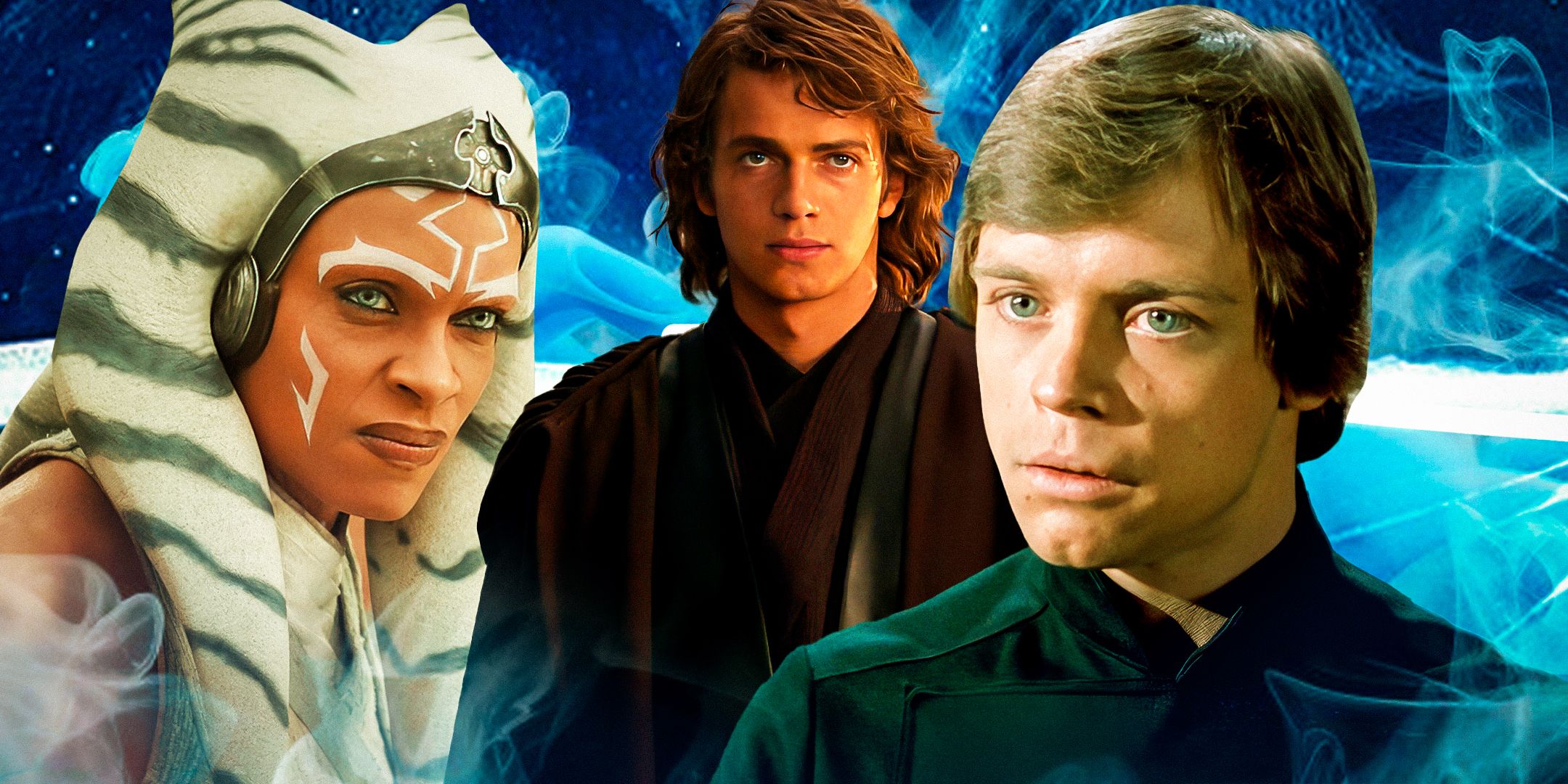 A combined image of Ahsoka Tano to the left, Anakin Skywalker in the middle, and Luke Skywalker to the right all in live action in front of a blue background