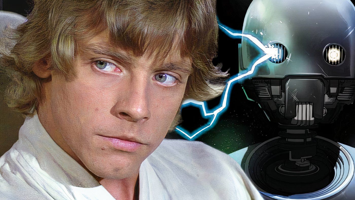 Luke Skywalker with a droid surging with power behind him.