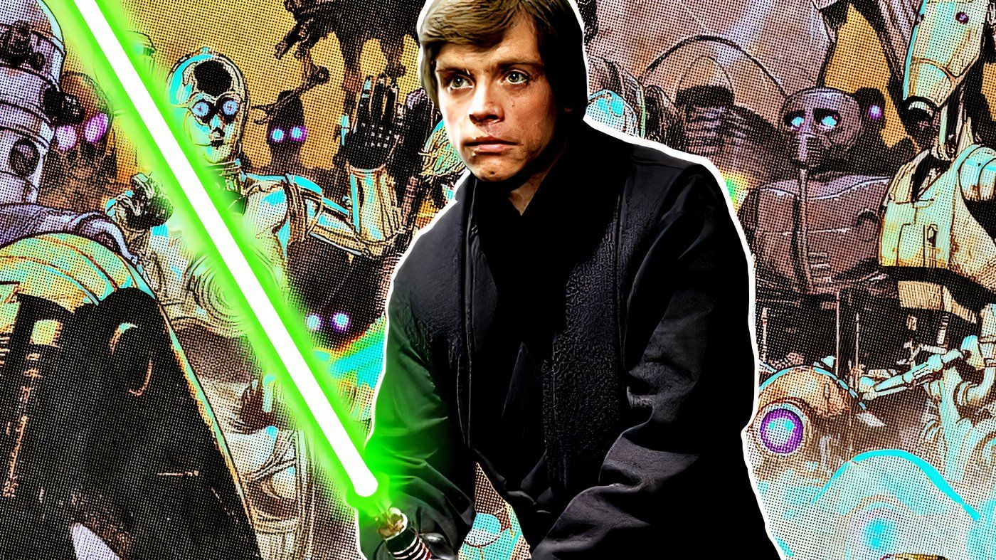 Luke Skywalker wielding his green lightsaber in front of an army of droids.