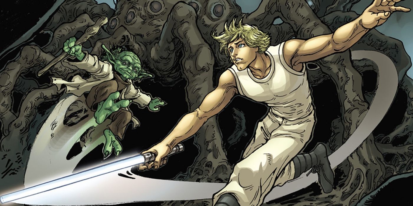 Luke Skywalker lightsaber dueling Yoda on Dagobah.