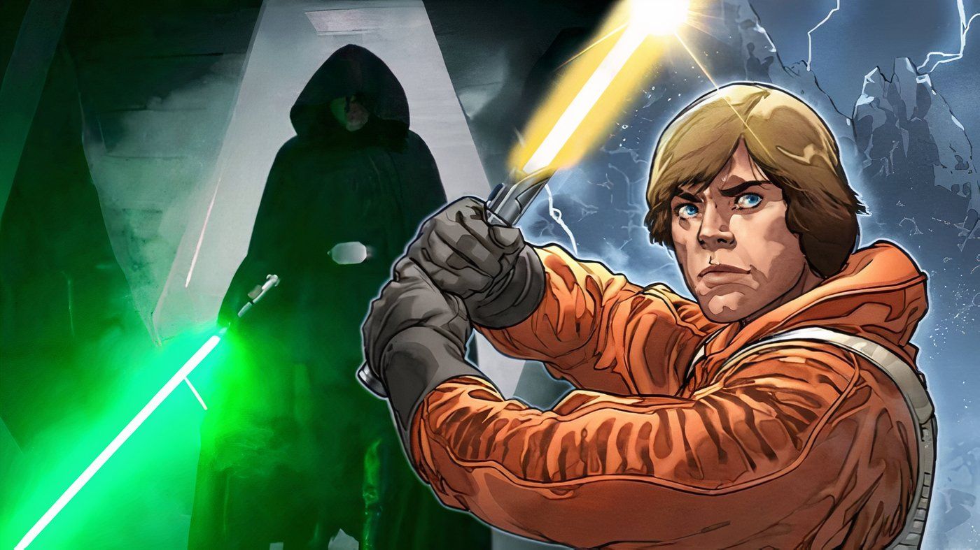 Duas versões de Luke Skywalker, uma com sabre de luz verde e outra com sabre de luz amarelo.