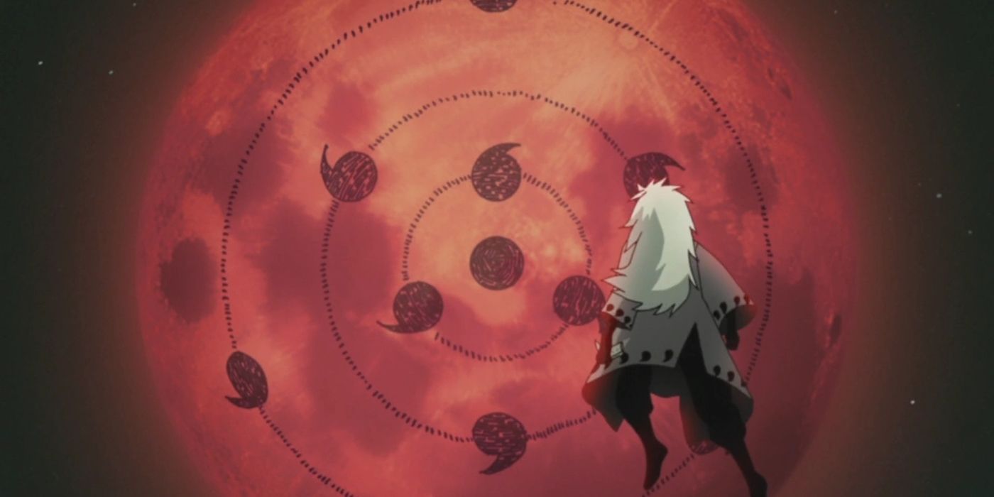 Madara usando o Tsukuyomi Infinito na lua para colocar todos no mundo em um sonho eterno.