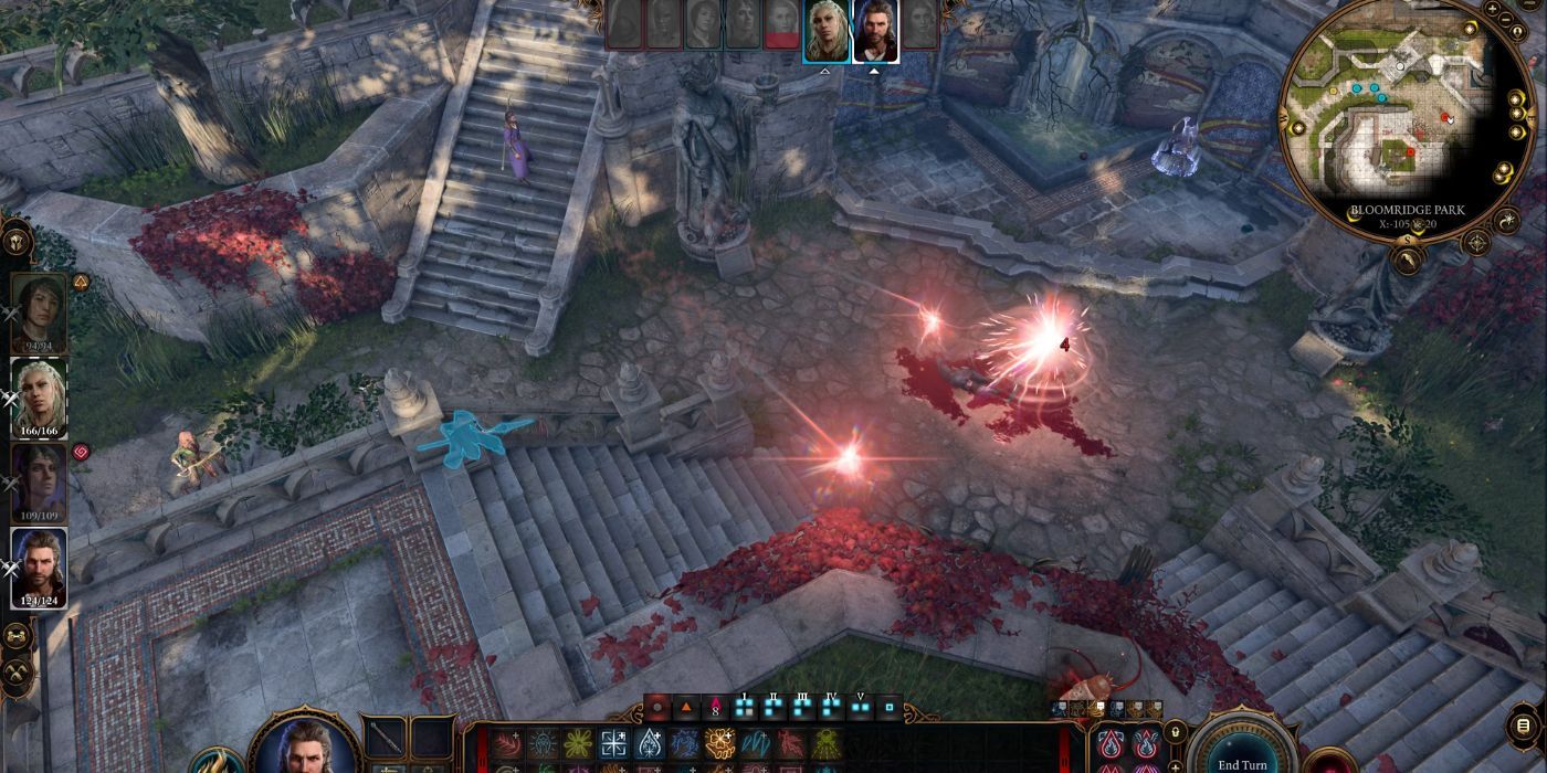 Jogador atingindo vários inimigos com Míssil Mágico em Baldur's Gate 3.