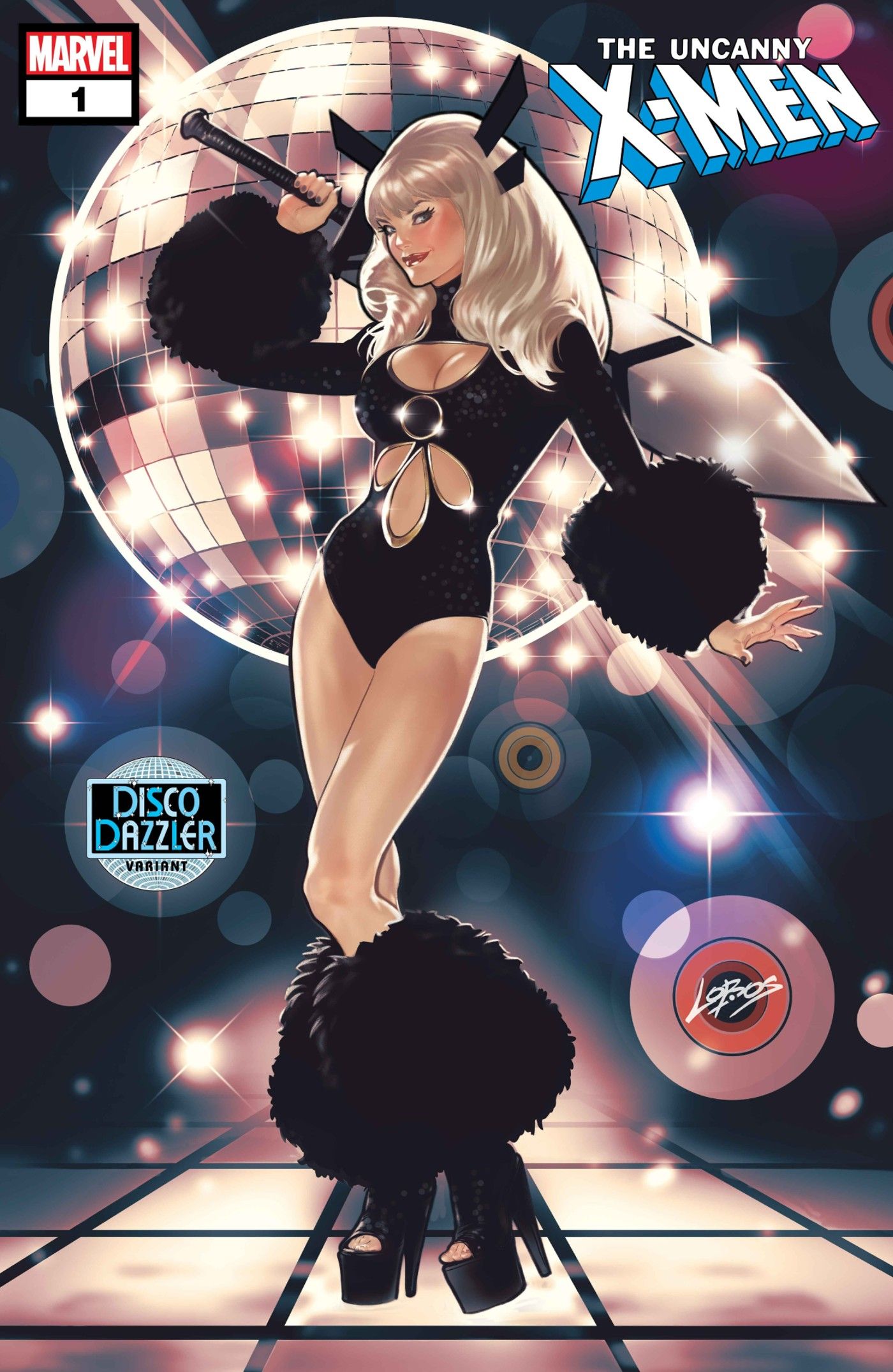 Magik poses in a 1970s-inspired black suit with puffy black ankle boots and wristbands, as he stands on the dance floor in the Disco Dazzler Variant. A disco ball lights up behind him.