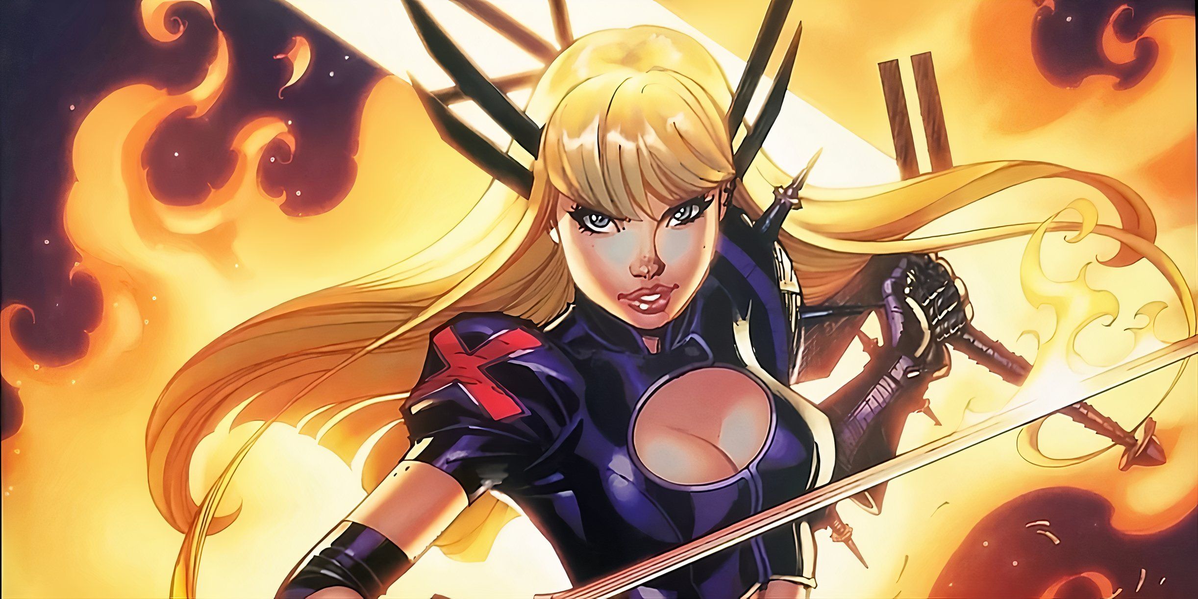 Magik duel-wielding her swords, surrounded by the flames of Limbo.