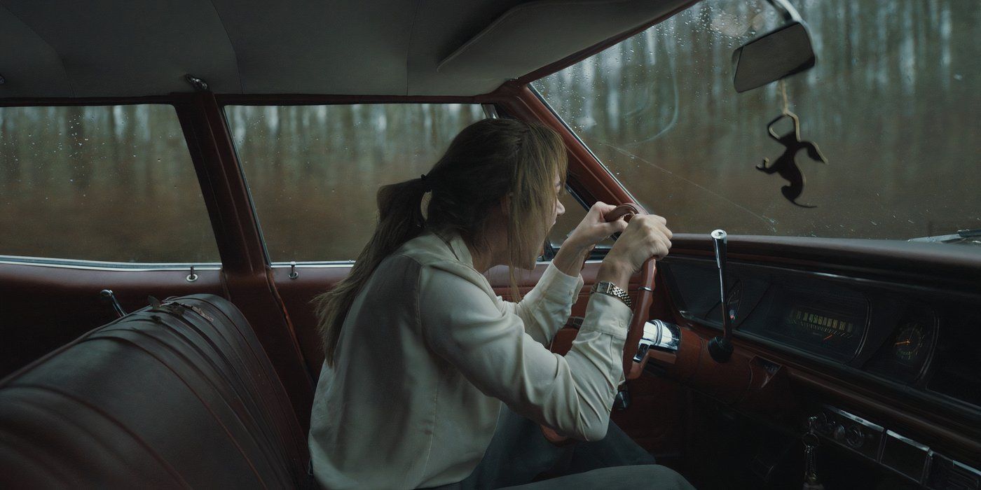 Maika Monroe screams while driving in Longlegs