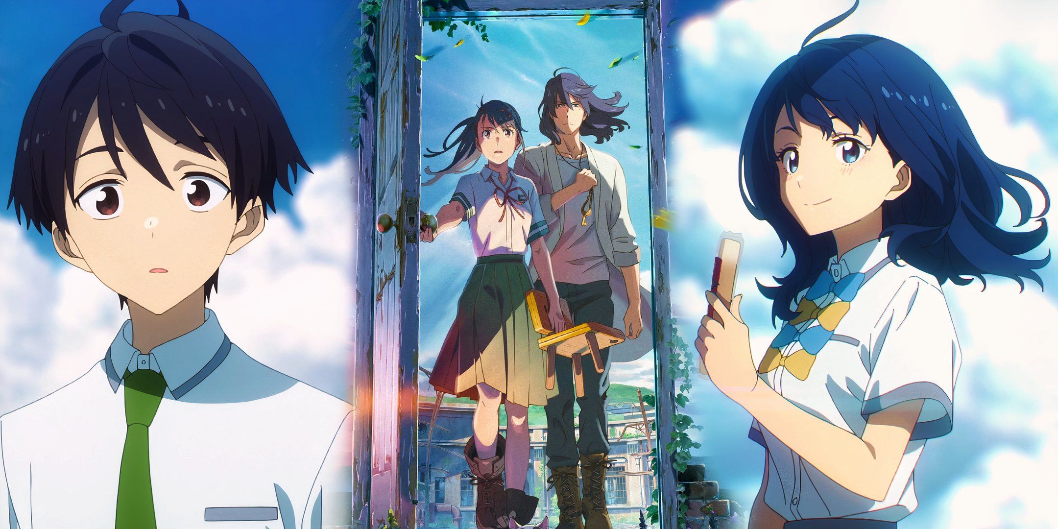 main characters of suzume stepping through a door with yanami from too many losing heroines holding a snack to the right and nukumizuku to the left