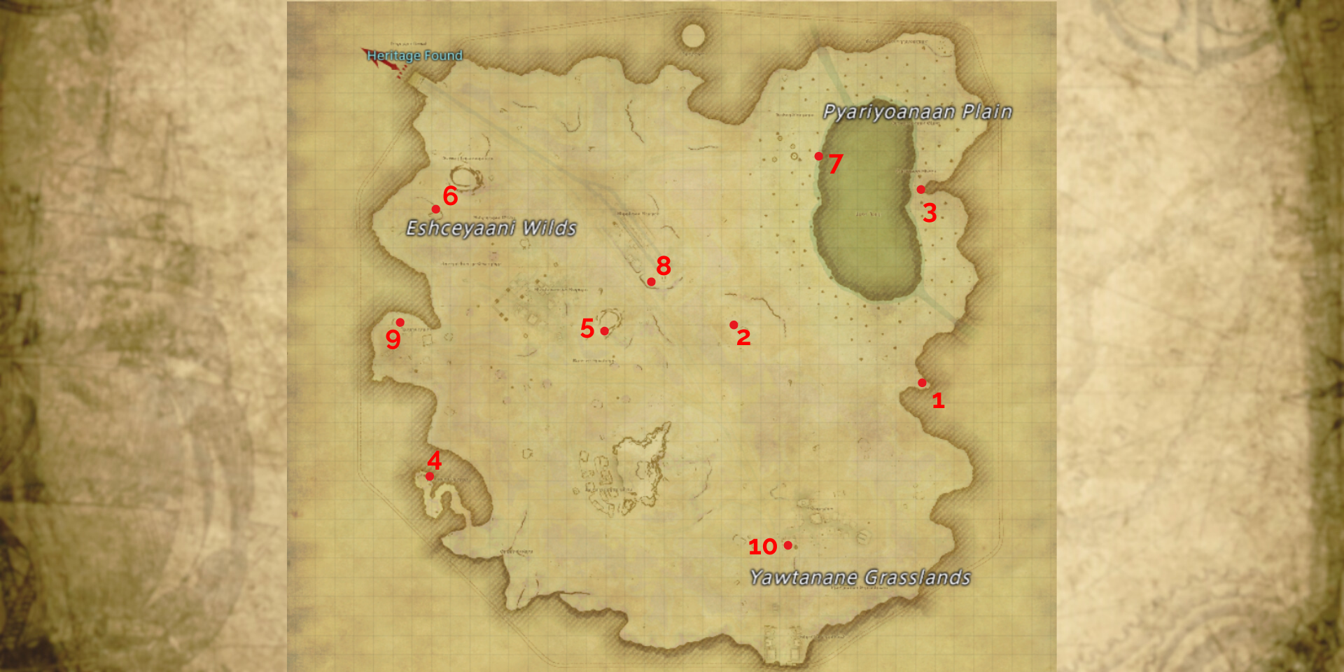 Mapa de Shaaloani em Final Fantasy 14 Dawntrail, com localizações atuais de éter numeradas de 1 a 10