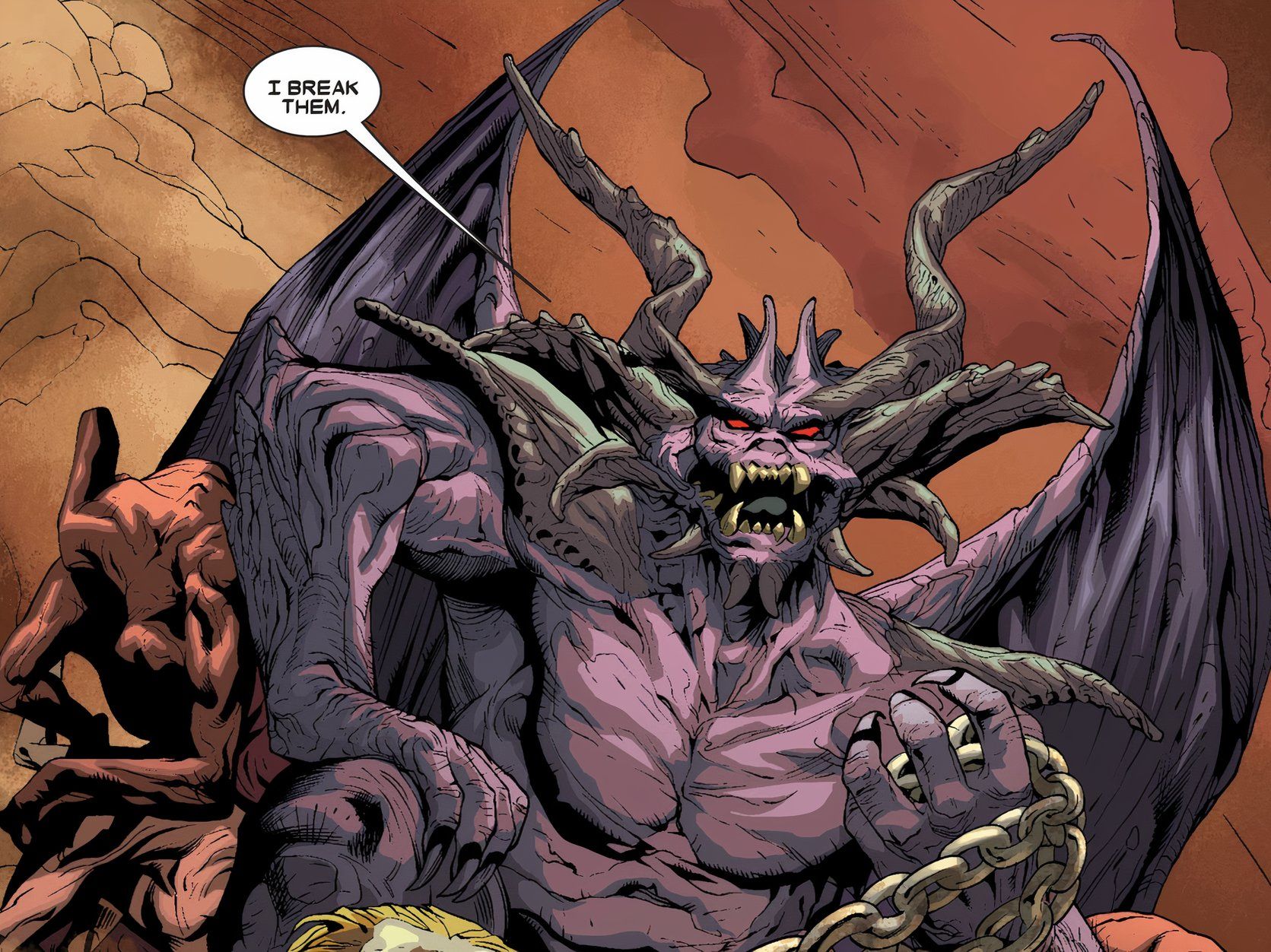 Marduk Kurios ostenta seu poder para um Wolverine derrotado.