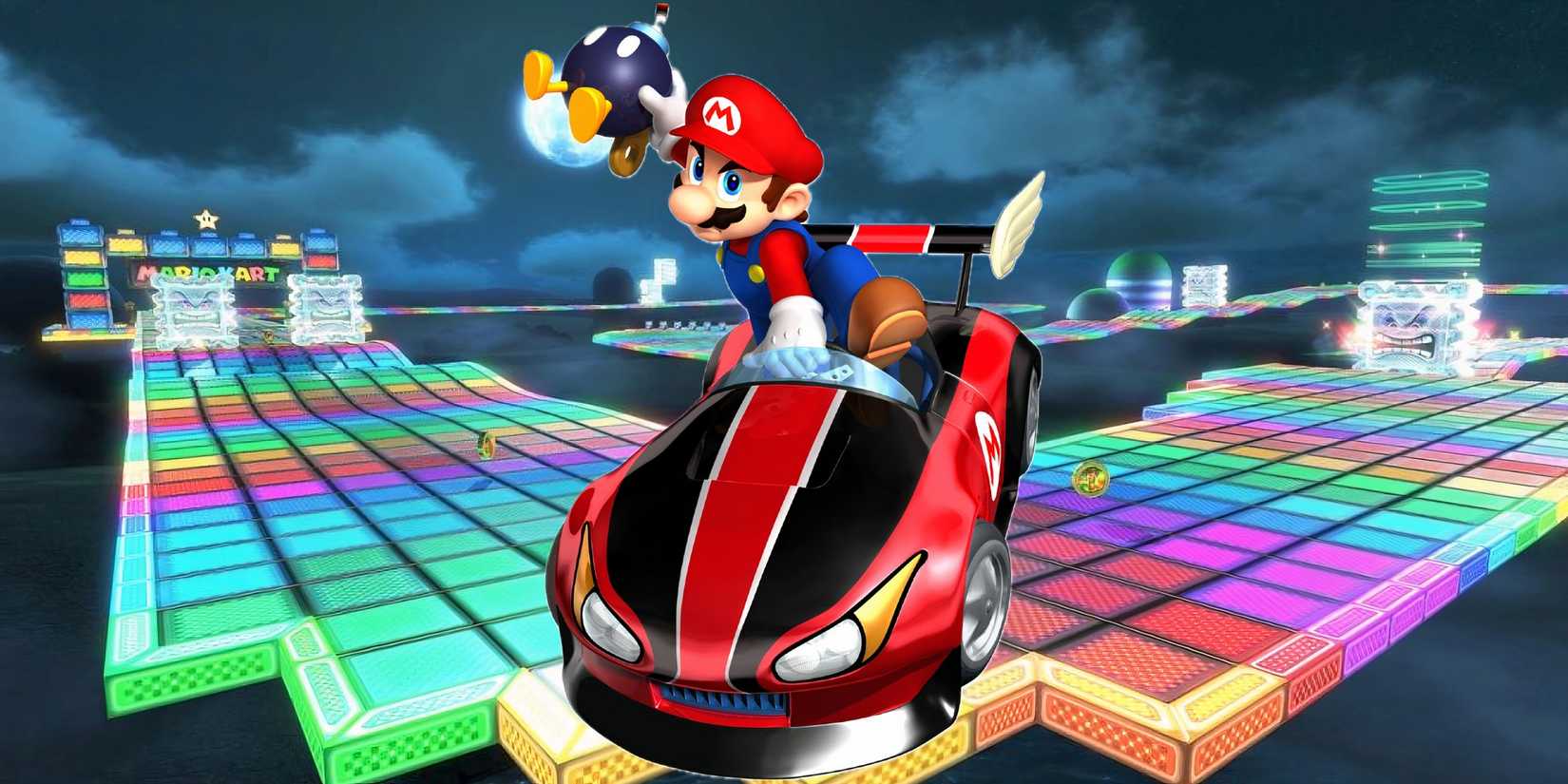 Mario In His Racing Kart Over A Rainbow Road Backdrop in Mario Kart 8.