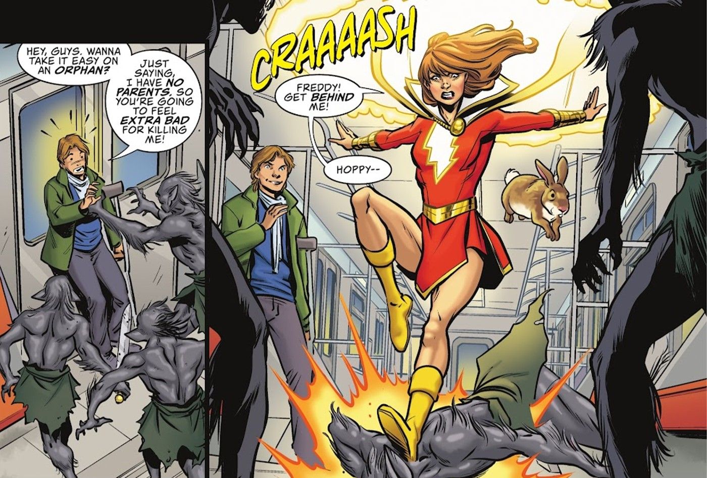 Comic book panels: Mary Marvel fights monsters on a subway train.