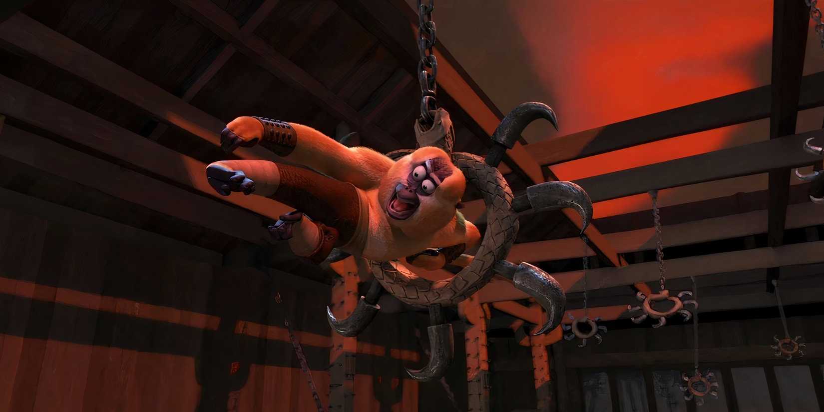 Master Monkey (Jackie Chan) in the air in Kung Fu Panda