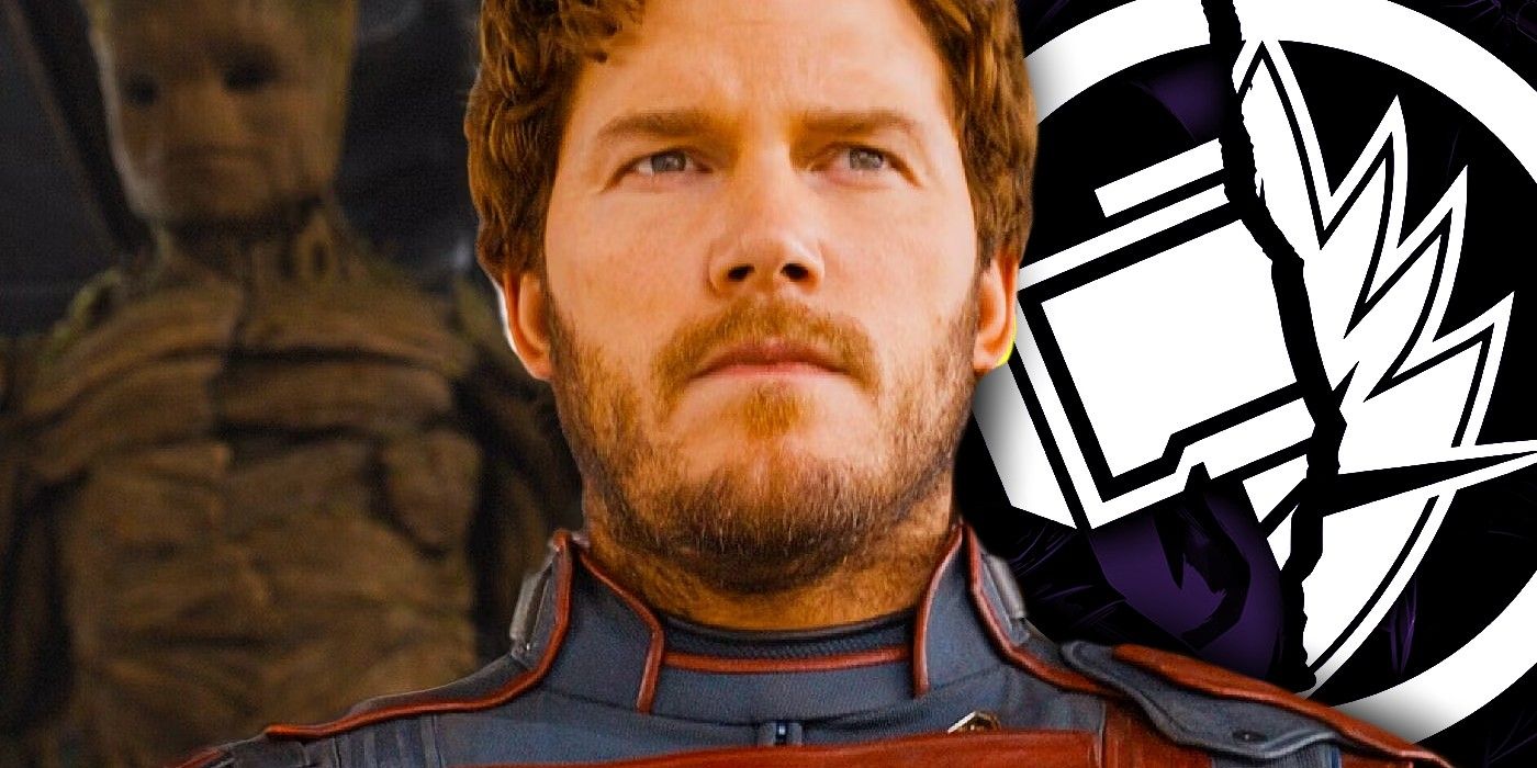 mcu star-lord peter quill with broken guardians of the galaxy slash thor symbol