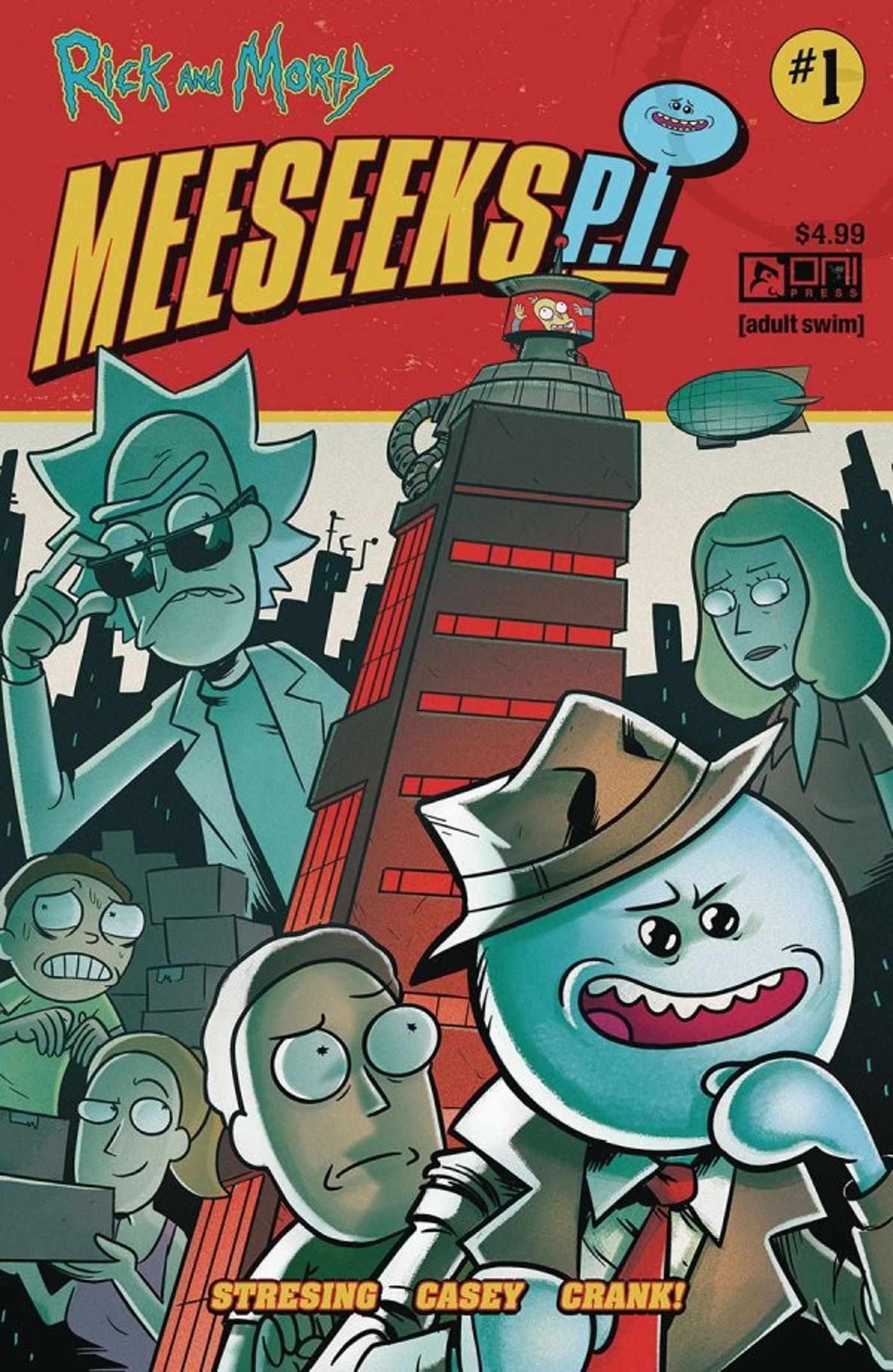 Capa do Meeseeks PI #1, apresentando o Sr. Meeseeks em uma roupa de detetive, ao lado de Jerry, Summer, Morty, Rick e Beth.