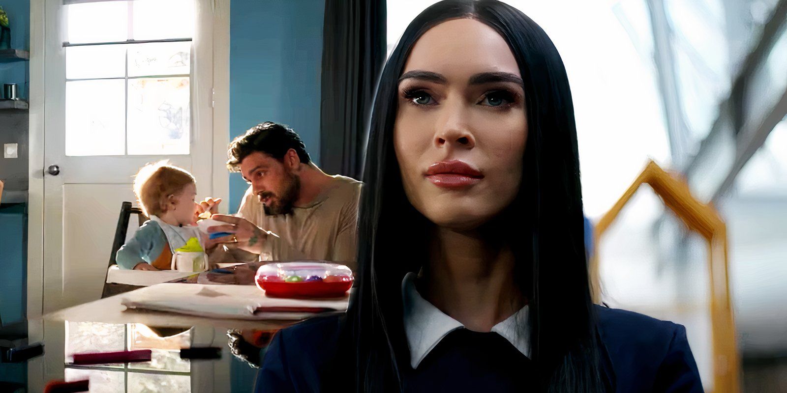 Megan Fox as an android while a father feeds his child in Subservience