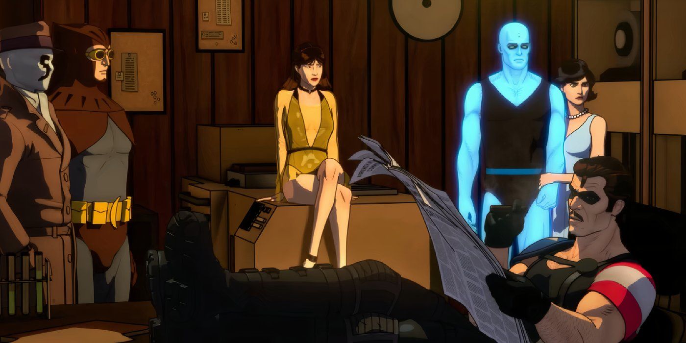 Members of the Watchmen superhero team gather around in the DC animated feature