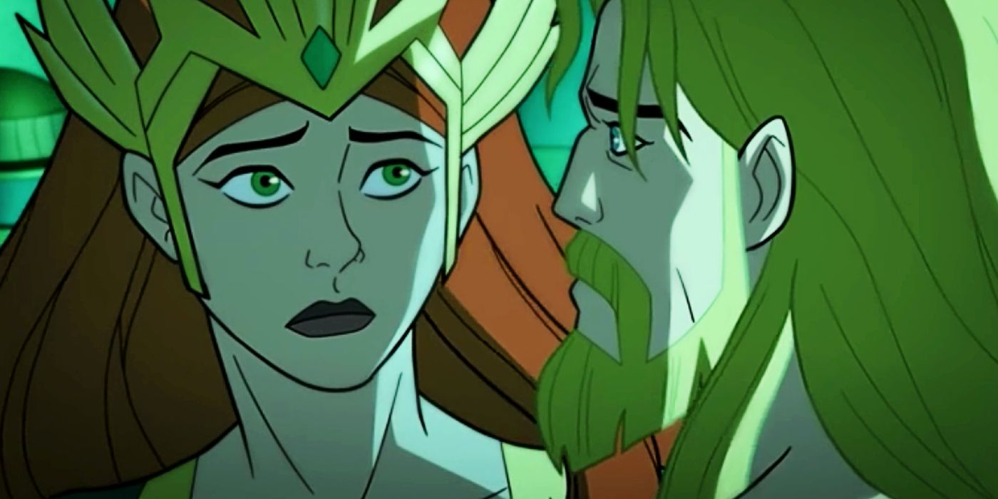 Mera e Aquaman se olhando em Liga da Justiça Crise nas Infinitas Terras Parte 3