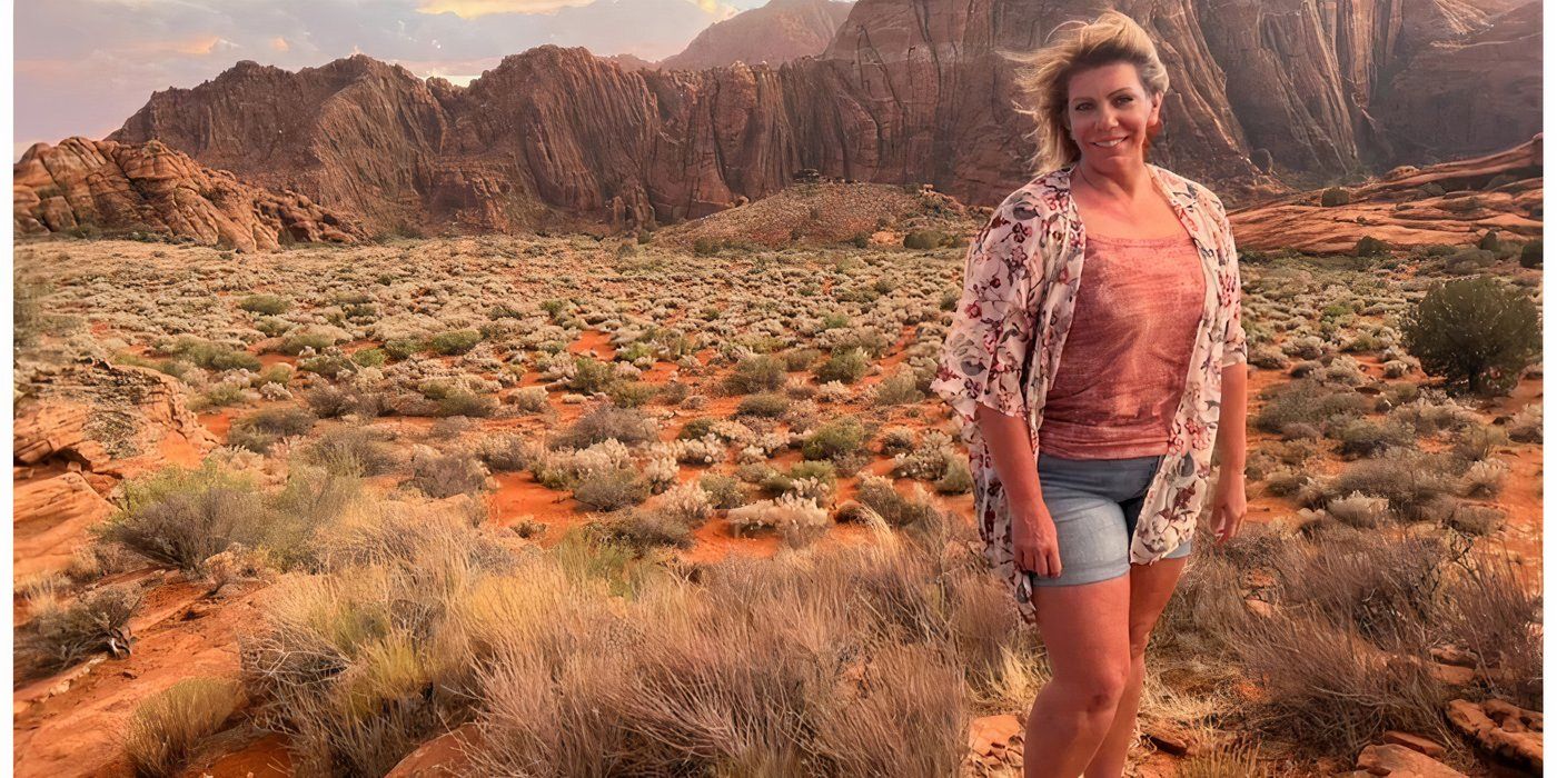 Mary Brown en Esposas hermanas con un abrigo color melocotón y sonriendo en las montañas de Utah