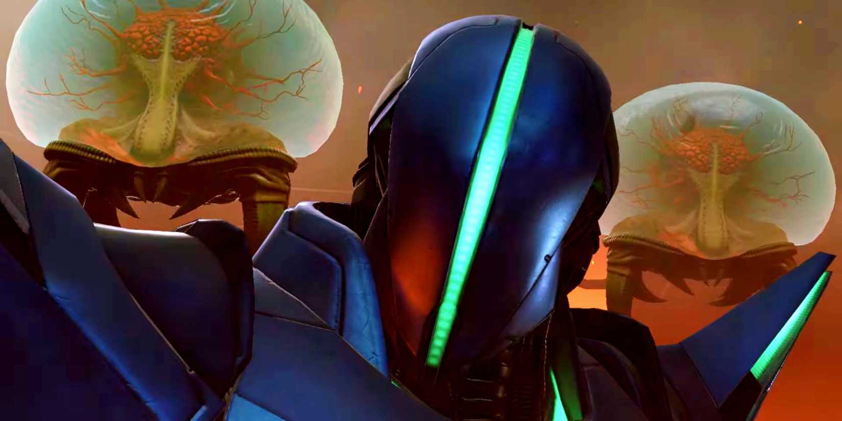 Sylux in Metroid Prime 4, with two Mochtroids behind him.