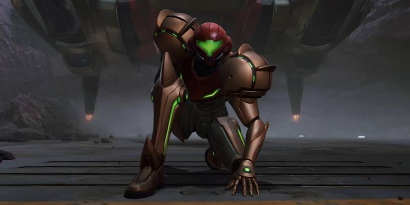 Samus landing on the ground in Metroid Prime 4: Beyond.