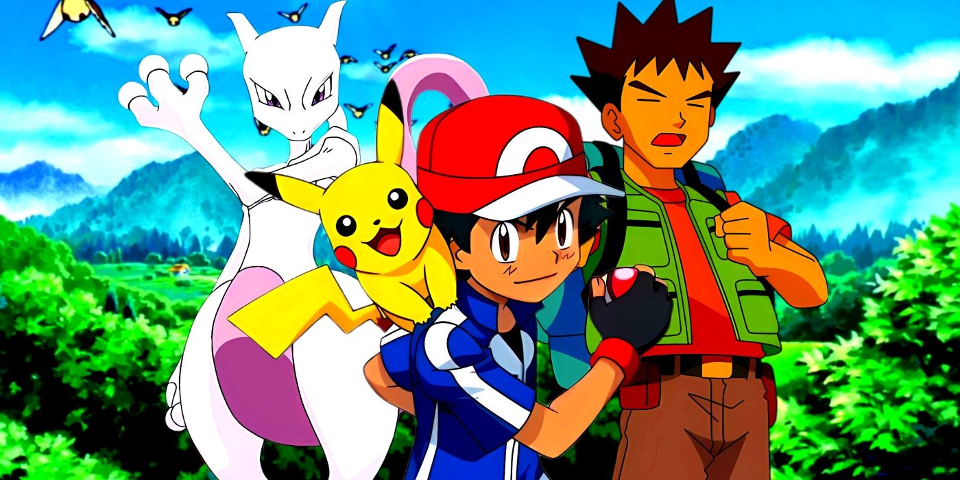 Mewtwo, Ash, Pikachu, and Brock standing side by side. Behind them, a forest with Pidgeys flying can be seen.