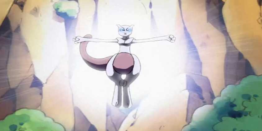 Mewtwo uses his powers to defeat Team Rocket.