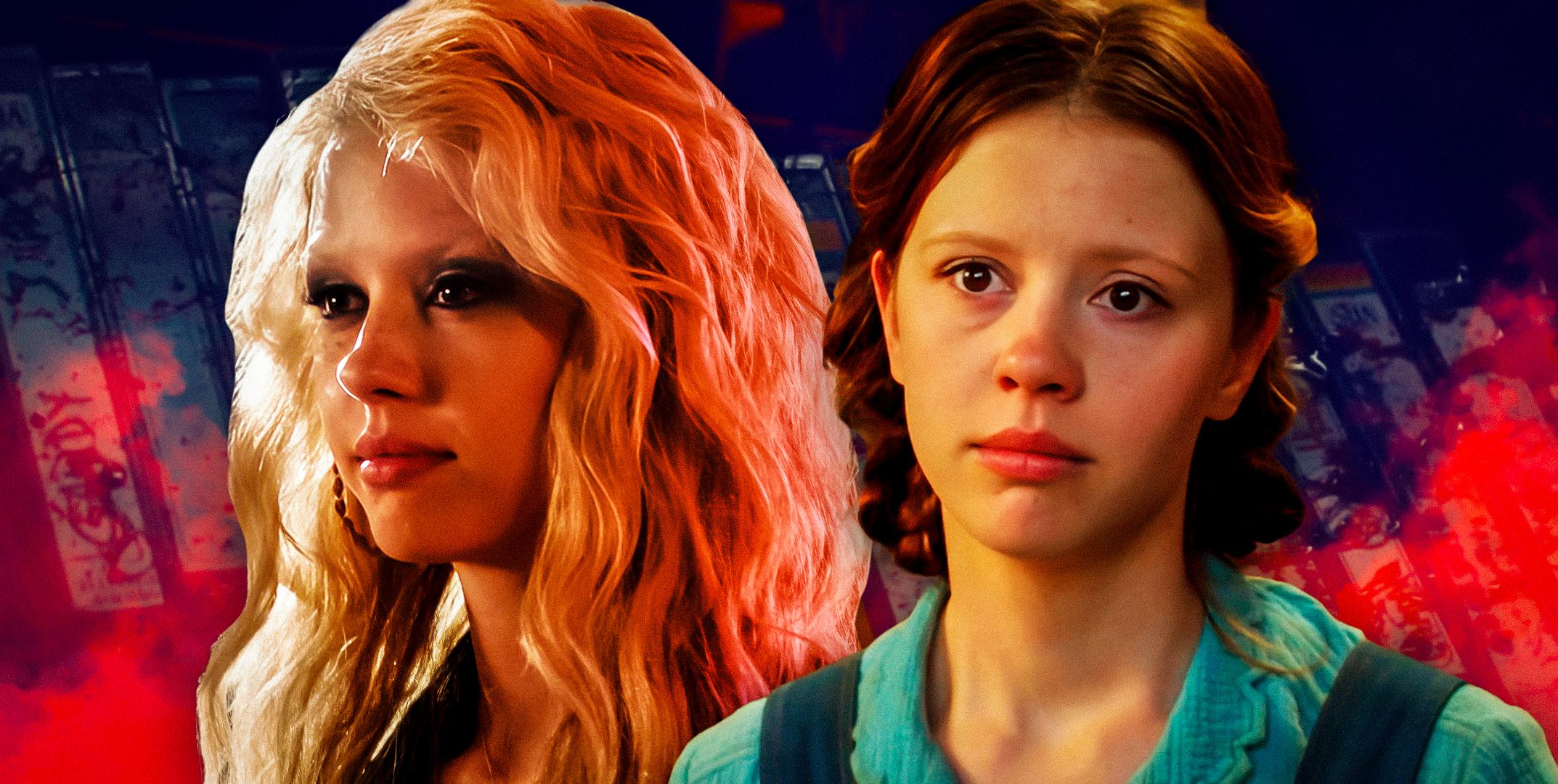 Mia Goth as Pearl from Pearl and Mia Goth as Maxine Minx from MaXXXine