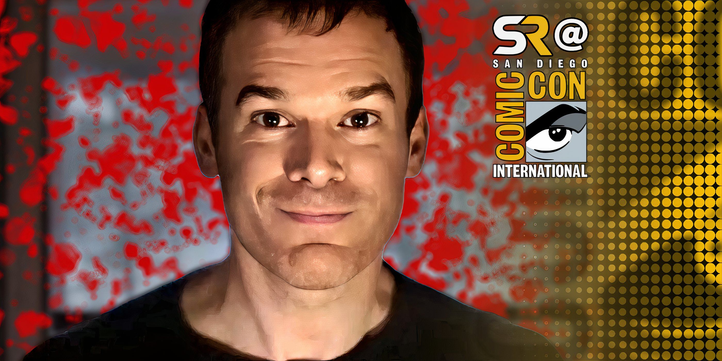 Michael C. Hall as Dexter smiling against bloody backdrop in Dexter New Blood SDCC header