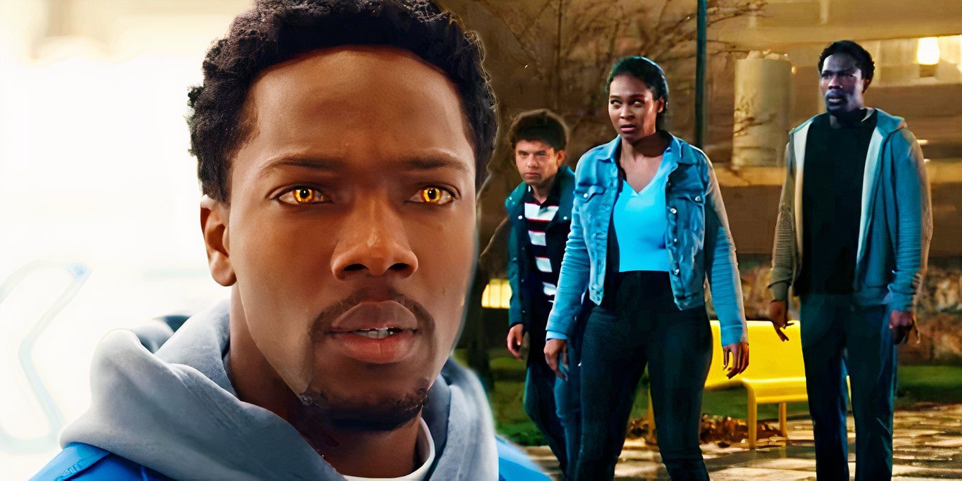 Michael with his eyes glowing gold while three other characters show similar powers in Supacell