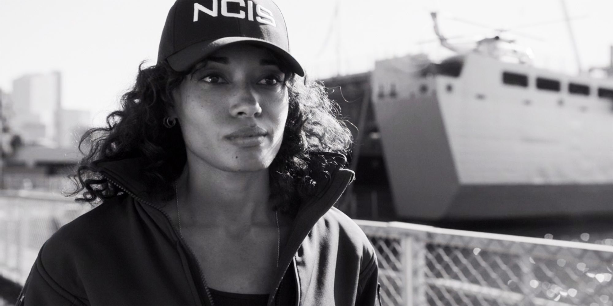 Michelle Mackey in a black and white NCIS still in NCIS Sydney