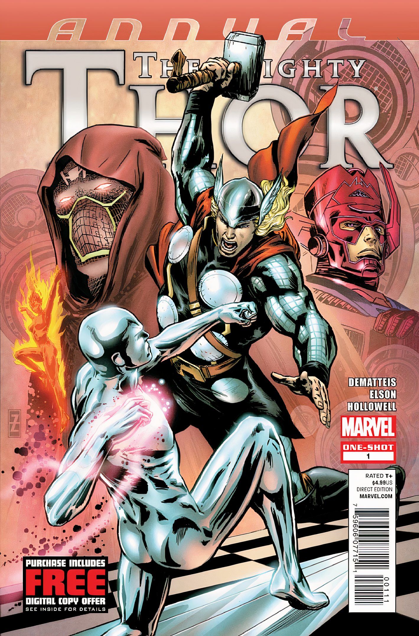 Capa nº 1 do The Mighty Thor Annual, apresentando Thor, Silver Surfer, Galactus e o Scrier.