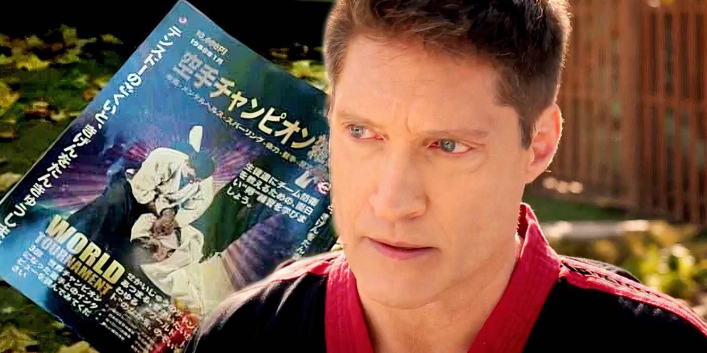 Mike Barnes talking to Miyagi Do students with the Sekai Taikai magazine on the side in Cobra Kai