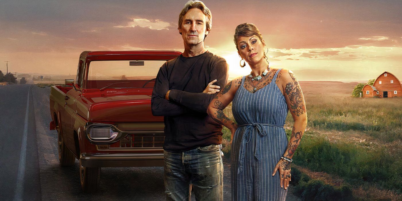 Mike Wolfe e Danielle Colby juntos na frente de um caminhão em American Pickers.