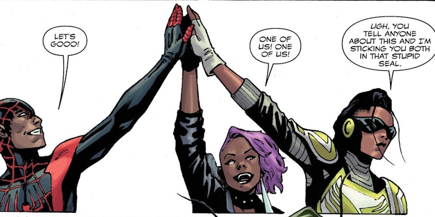 Miles Morales Spider-Man Bloodline and Hightail high five